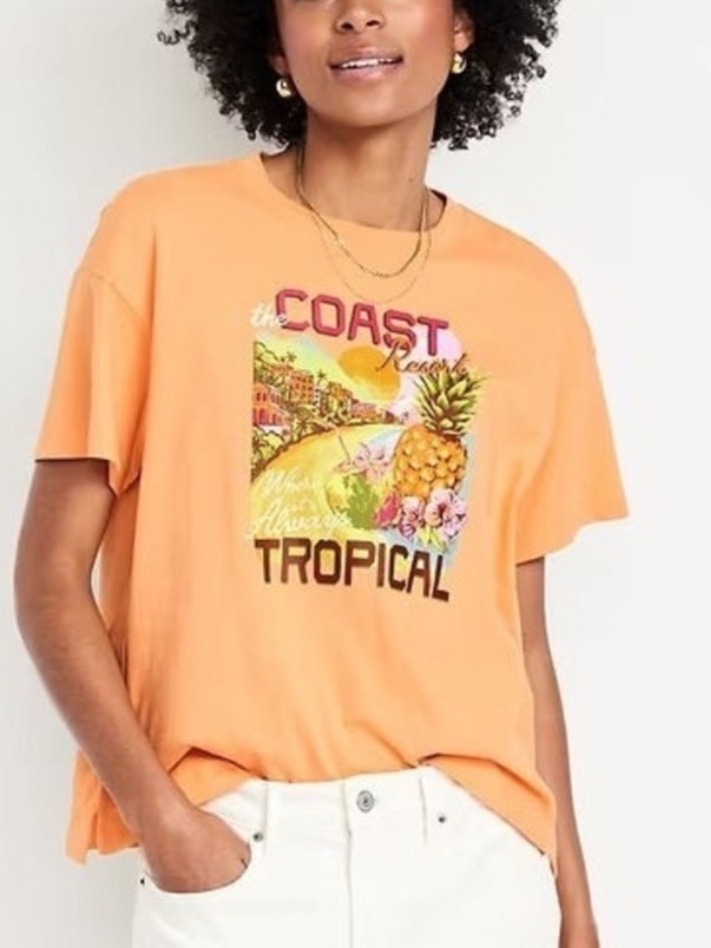 Bright Orange Relaxed Vintage Fit Cotton Tee, ‘Coast Tropical’ Graphic, Sz Small